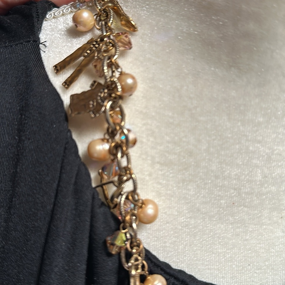 Vintage Anthropolgie Pearl/Swarovski Crystal/Brass Charm Bracelet - Excellent